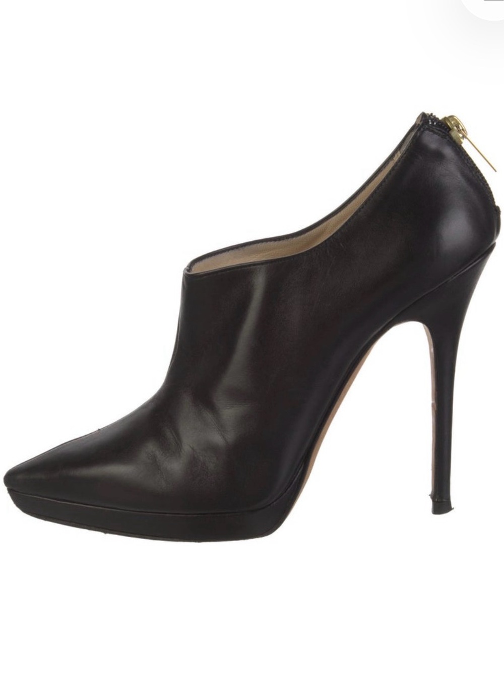 Jimmy Choo Black Leather Pointed Stiletto Ankle Bootie with Gold Zip